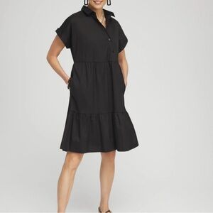 Chico’s Black Short Sleeve Tiered Dress asymmetrical button front.